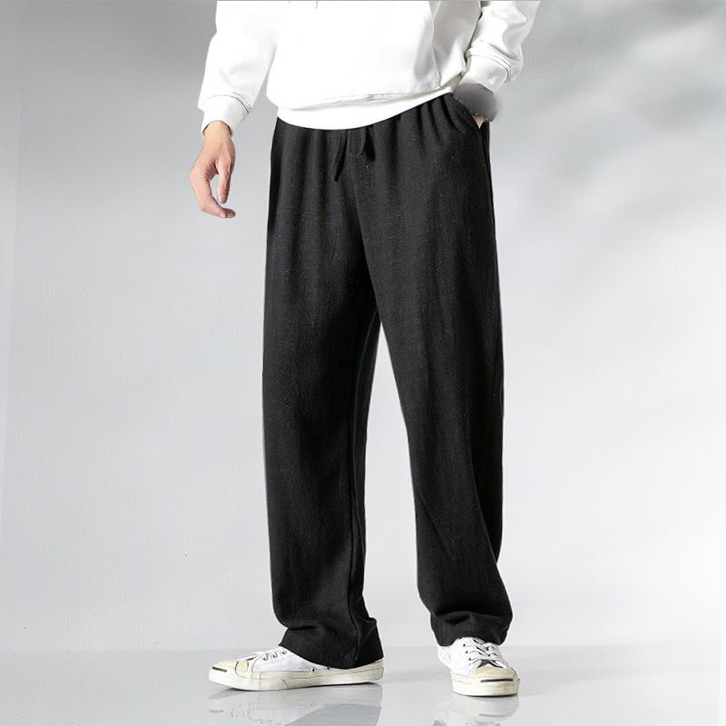 Mokloha Men's Pants, New Men's Casual Hemp Fabric Embroidered Logo Drawstring Loose Elastic Waist Pocket Trousers3