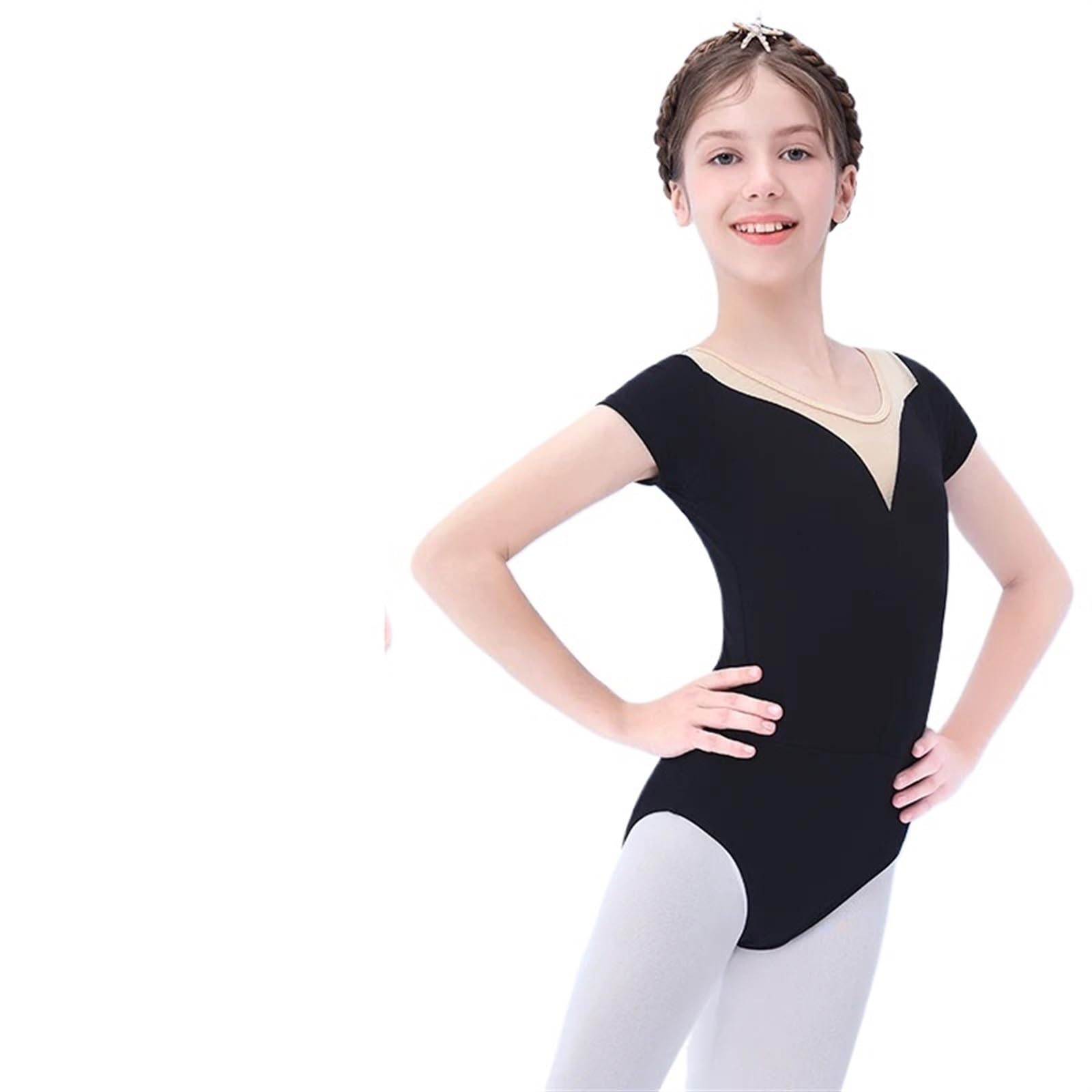Schwarzer Trikotanzug für Mädchen Schwarzer Turnanzug for Mädchen, Ballettanzug for Teenager, Netzstoff, Gymnastikanzug, Ballett-Tanz-Body, schwarz, kurzärmelig, Ballettkostüme
