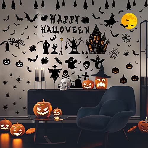 120 Pcs Halloween Wall Decals, Wall Stickers Window Art Decoration Party Supplies Pumpkin Spooky Bats Witch Spider Halloween Removable Wall Stickers Party Window Decals For Home Decor Indoor Outdoor #TOP10