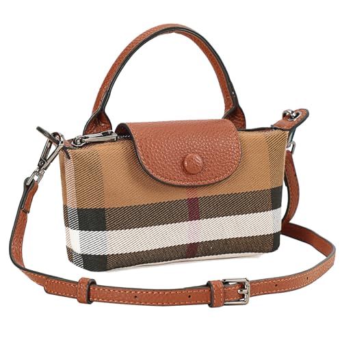 Mini Plaid Canvas Handbag for Women PU Leather Top Handle Checked Bucket Hand Bag
