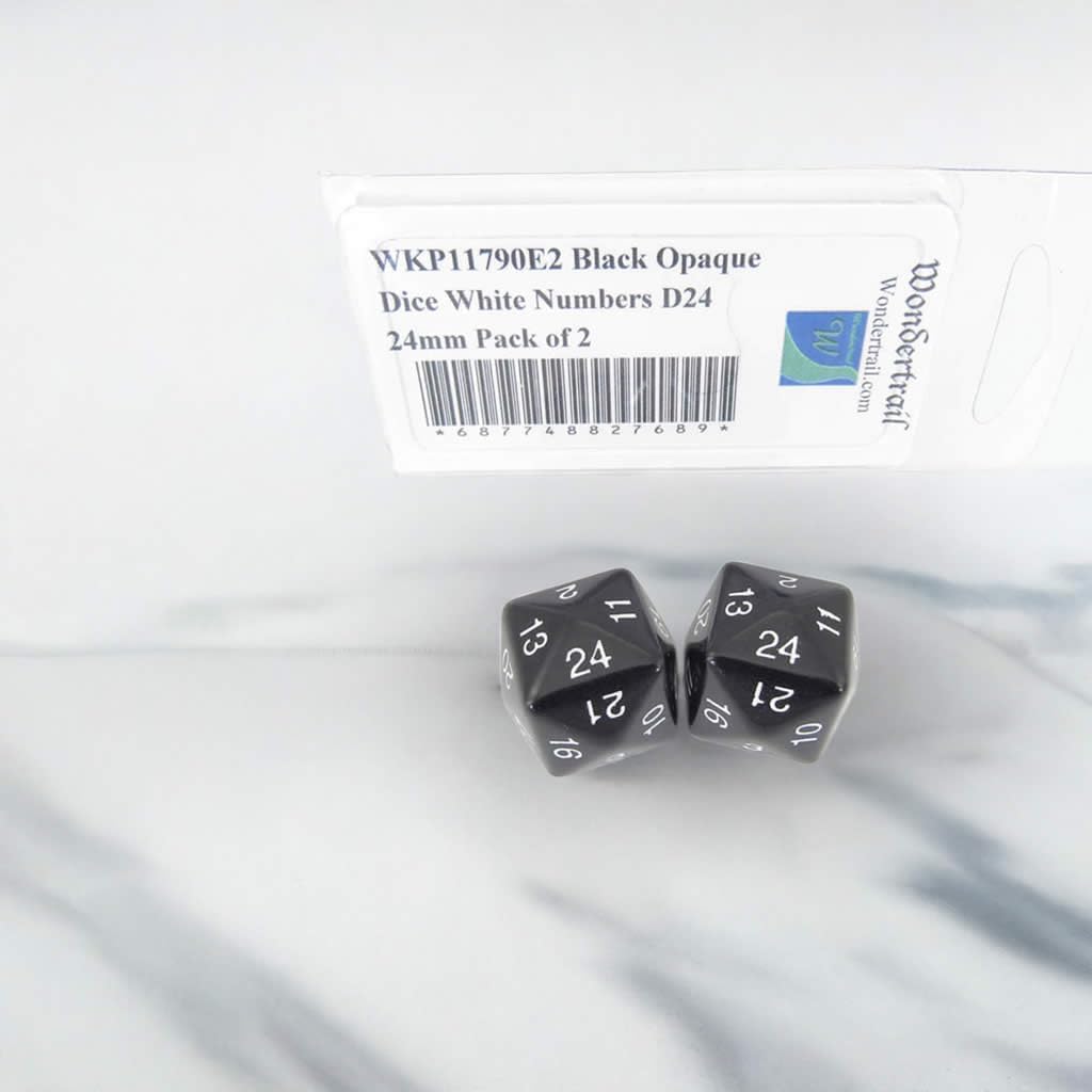 Black Opaque Dice with White Numbers D24 24mm (15/16in) Pack of 2 Dice Wondertrail
