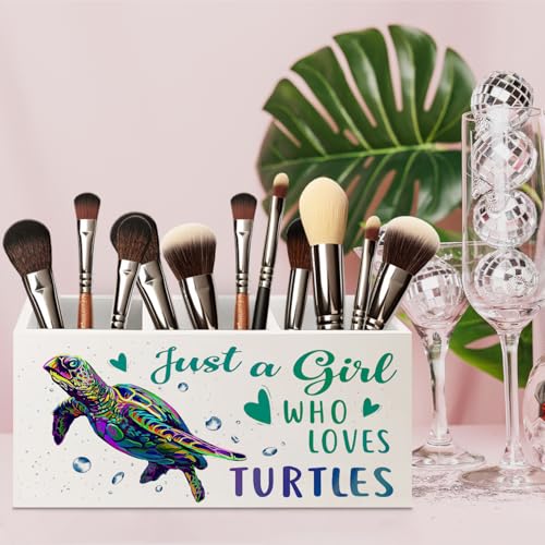 Image of Gifts for Turtle Lovers Wooden Pen Pencil Holder for Classroom Office Desk Accessories, Sea Turtle Gifts for Women Girls, Just a Girl Who Loves Turtles Makeup Brush Toothbrush Holder Organizer