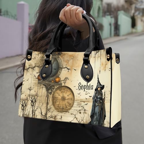 Personalized Witchy Halloween Leather Bag - Custom Name Witch Art Spooky Vintage Handbag Tote Purse with Wallet for Women3