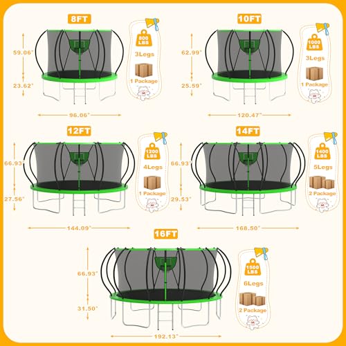 1500LBS Tranpoline Outdoor 8 10 12 14 16FT Tranpoline for Kids and Adults,【Easy to Install & Built to Last】 Recreational Tranpolines with Net, Light+Sprinkler, Basketball Hoop, ASTM Approved