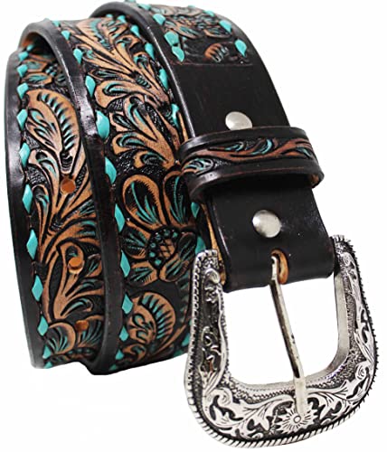 CHALLENGER 43-44 Western 1 1/2" Wide Rodeo Floral Tooled Teal Buckstitch Leather Belt 26FK113