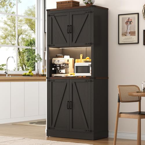 Image of 72 inch Tall Farmhouse Kitchen Pantry Cabinet with LED Light and Power Outlet,Modern Farmhouse Kitchen Storage Cabinet w Load-Bearing Steel Pipe,Barn Doors, Organizer,Food Pantry Cabinets(2PC Black)