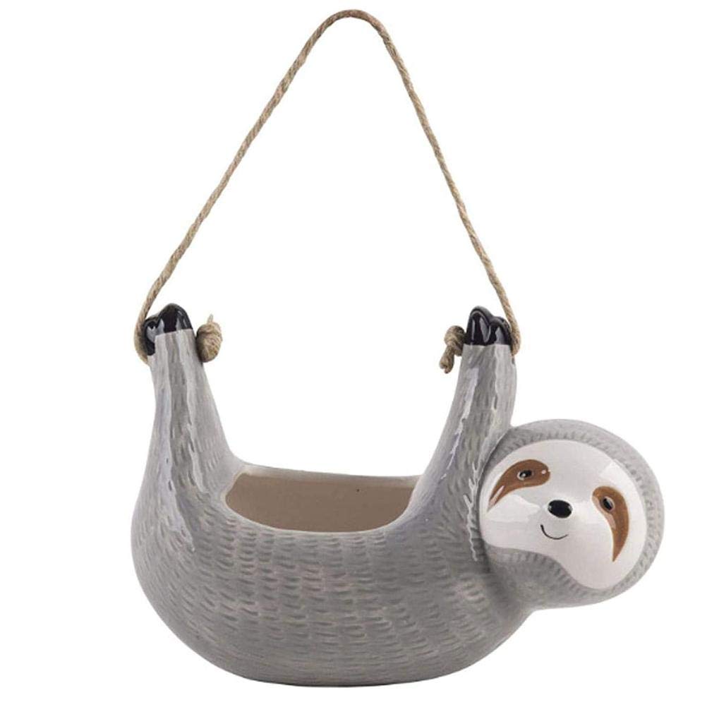 J-Ouuo Sloth Hanging Blue Round Flowerpot (Grey) Hanging Planters Ceramic Cute Sloth Pattern Hanging Flower Pot Succulent Pots Animal Planters Succulent Plant Pots Indoor And