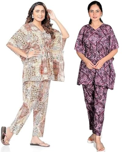 Image of Vlazom Women's 100% Cotton Printed Kaftan & Pyjama Set - Combo Pack of 2 | Free Size Nightwear with Pocket | Soft Cotton Loungewear Co-ord for Women
