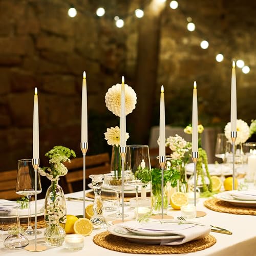 Image of CVHOMEDECO. Flameless Taper Candles with 10-Key Remote, Battery Operated Led Flickering 3D Wick Window Candles Real Wax Finished Home Christmas Party Decor 0.78 x 11 Inch, Pack of 3, Ivory