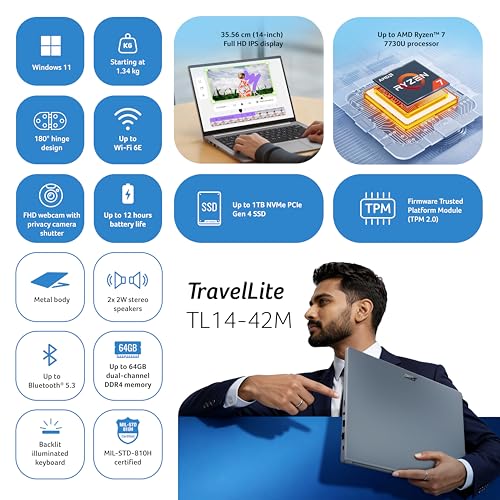 Image of acer AMD Ryzen 7 7730U Processor, 16GB DDR4 RAM, 512 GB SSD, Full HD IPS, 14 inch /35.56 cm, Windows 11 Home, Silver, 1.38 kg, TL14-42M, Backlit KB, Fingerprint Reader,TravelLite Business Laptop
