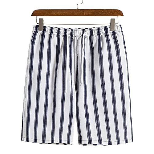 Short masculino casual de algodão e linho listrado com cordão e cintura média com bolso, Branco, 3X-
