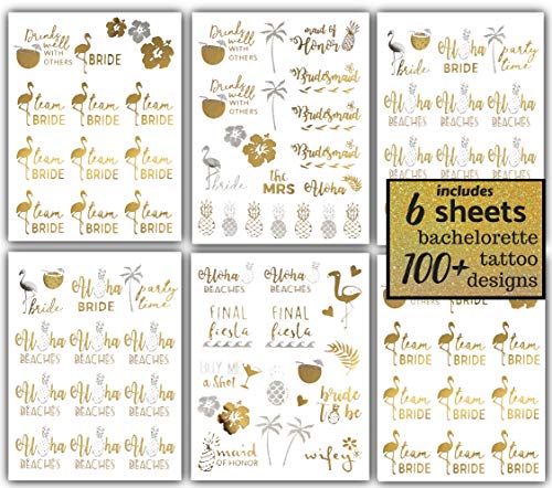 Bachelorettesy Bride To Be Gold Metallic Temporary Tattoos 100+ Designs Aloha, Flamingo, Beach, Team Bride For Engagement & Bachelorette Party - Waterproof Nontoxic Lasting #TOP3