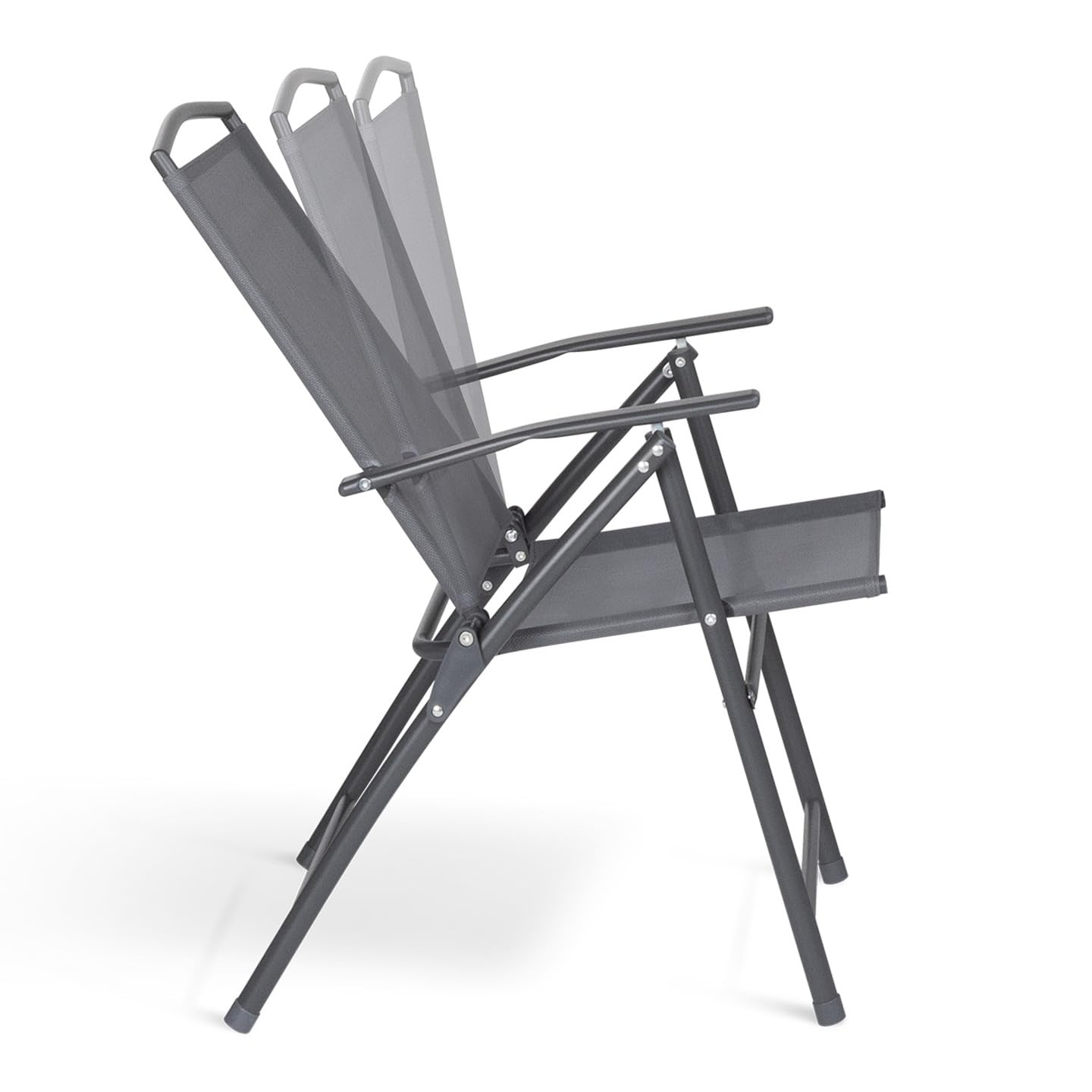IDMarket - Pack de 4 sillas plegables de jardín con reposabrazos ALGHERO, metal y textileno, gris antracita