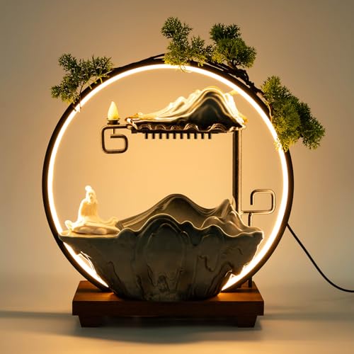 Tabletop Fountain with Light Atomizer,Waterfall Zen Meditation Desktop Rockery Water Fountain Bonsai Retro Backflow Incense Burner Home Decor for Home Office, 13.8 * 5.12 * 14.57in, Style B