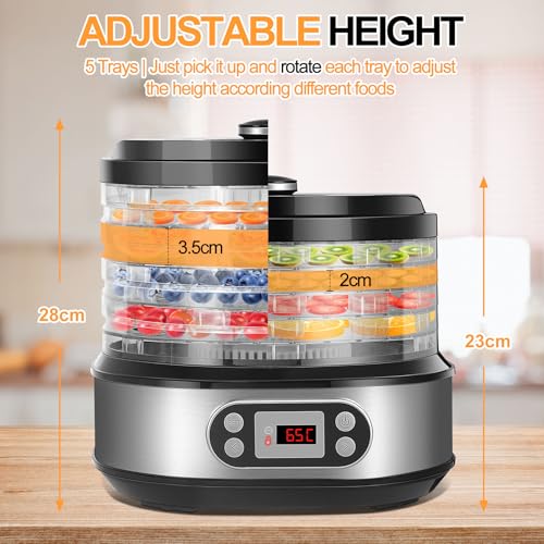 DeeprBling Dörrautomat Edelstahl mit 5 Tabletts, 450W Lebensmittel Dörrgerät mit Temperaturregler 35-70°C und 72H-Timer, LED-Display, Obst Trockner Gerät, Einstellbare Höhe Dehydrator Food, BPA Frei – Bild 7