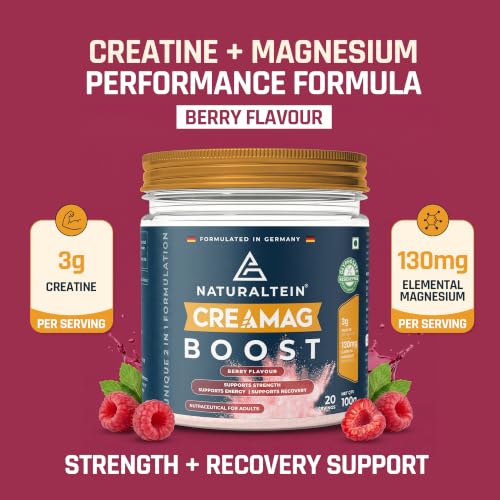 Image of Naturaltein Creamag Boost Creatine 3g + Magnesium Bisglycinate 130mg Supplement Powder, Berry Flavour, Supports Strength, Energy & Recovery, 100g (20 Servings)