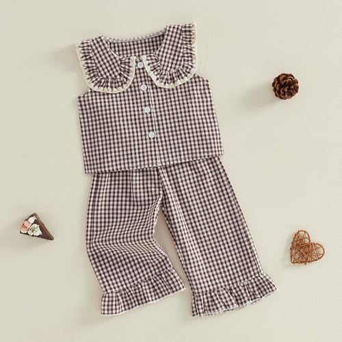 LIOMENGZI Toddler Baby Girl Clothes Summer Baby Outffit Doll Collar Plaid Button Up Plaid Vest Tops Pants 12 18 24 Month 3T 4T (Coffee, 2-3T) — view 5