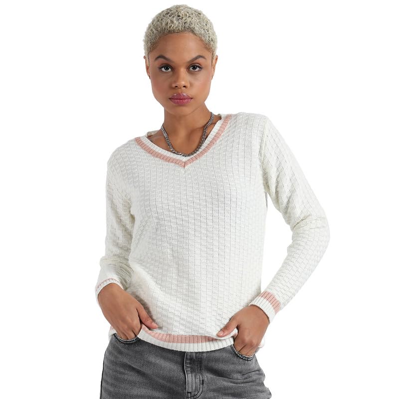 Image of PINACOLADA Women's Solid Ribbed Cropped CardiganFor Casual Wear | V Neck | Long Sleeve | Wool Sweater Crafted with Comfort Fit for Everyday Wear