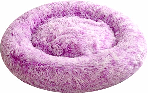 Comlax Cuscino rotondo con ciambella per cani XXXL, con rivestimento rimovibile, lavabile, anti-ansia, morbido e comodo letto per animali domestici (115 cm, viola)