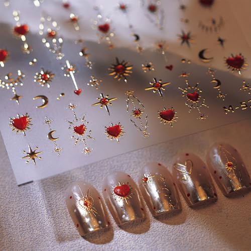JMEOWIO 3D Nagelsticker Mond Stern Herz Nail Art Sticker Selbstklebend Nagelaufkleber 5D Stereoskopisch Dekoration Nageldesign Zubehör 1 Blatt