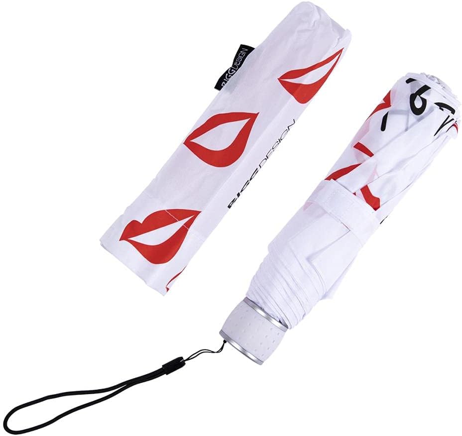 BiggDesign Compact Travel Umbrella, Mini Rain and Sun Umbrella with UV Protection, Ultra Lightweight, Manuel Opening, Portable, 8 Ribs Folding Umbrella For Women (White - Red)