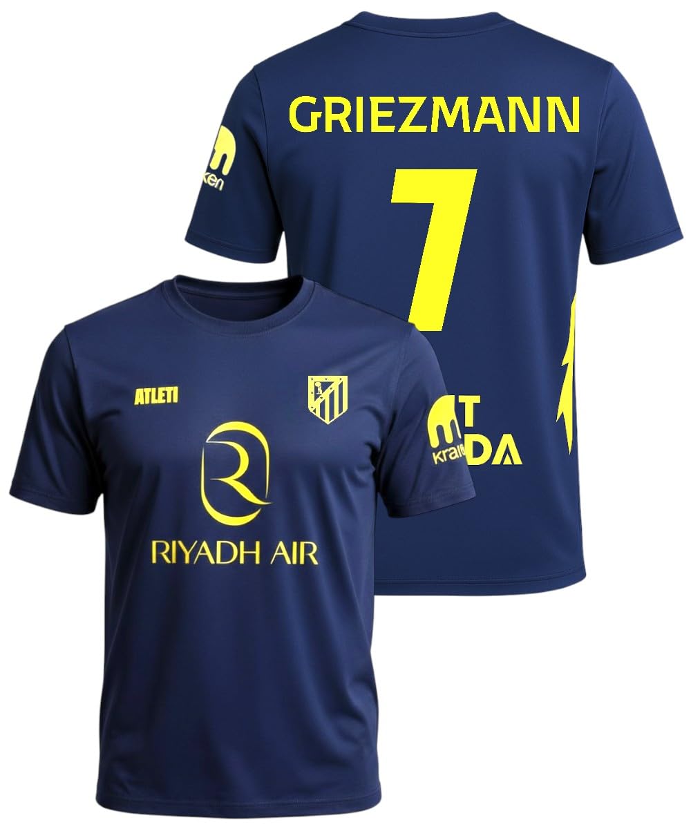 Atletico de Madrid - Camiseta Segunda Equipación 2025‑2026 | Réplica Oficial Griezmann 7 | Azul Marino y Amarillo | Corte Clásico | Tejido Transpirable
