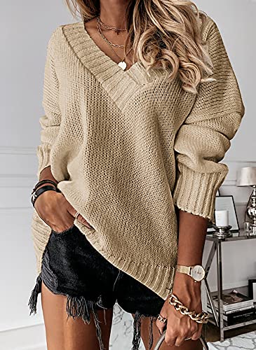 Image of Womens Loose Sweaters Sexy V Neck Long Sleeve Solid Knitted Jumper Pullover Sweatshirt Tops