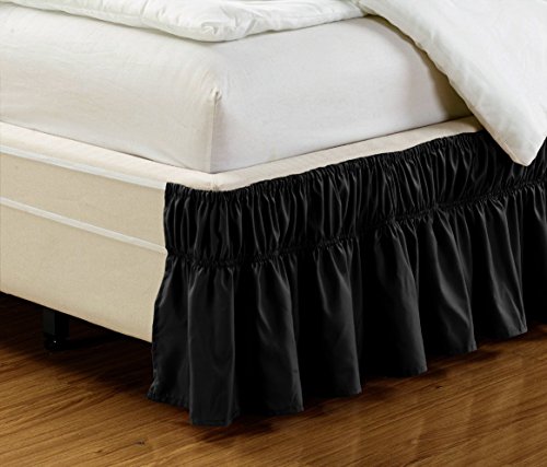 Fancy Collection Easy Fit Bed Ruffle Wrap Around Elastic Bed Skirt with 17 Drop New Easy Install Solid Color New (Queen/King Black)