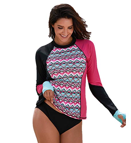 SAILBEE Women's UV Sun Protection Long Sleeve Rash Guard Wetsuit Swimsuit Top (410951 L, Red Black)