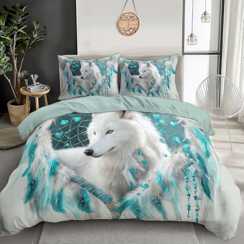 GSAEIMCT Set Housse De Couette avec Bleu Et Blanc Attrape-Rêves Loup Blanc 240X220Cm 2 Personnes Et 2 X Taies d'oreiller 65X65 Cm Parure De Lit Animaux De...