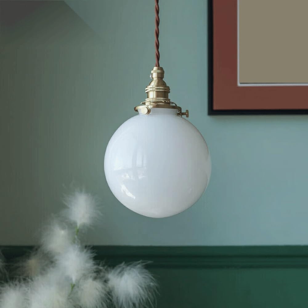 Lampada a sospensione vintage a forma di globo in vetro in ottone, lampada a moderna in bianco metà secolo, da soffitto retrò con cavo regolabile for comodino, isola cucina, sala pranzo, 5,5"