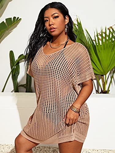 SOLY HUX Women's Plus Size Casual Summer Short Sleeve Cover Up Hollow Out Split Swimsuit Bikini Beach Dress3
