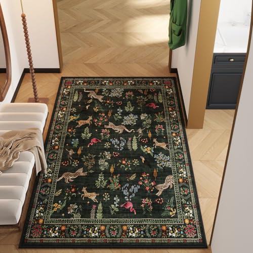 Area Rug 4x6 Rug Washable Boho Rugs Non Slip Low Pile Floral Animal Small Carpet for Bedroom, Bedside, Kids Room, Office, Dining Room (Green)