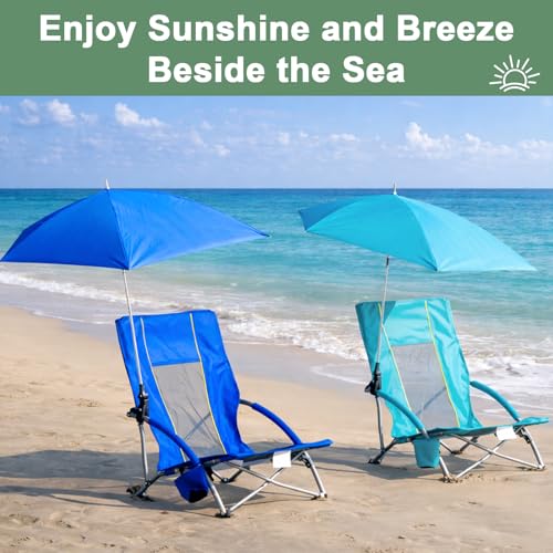 Image of Romswi Beach Chair with Umbrella 2PK, Folding Low Beach Chairs for Adults with Adjustable Parasol, Cup Holder, Breathable Backrest, Comfortable Armrests, Lightweight for Beach & Camping, Blue