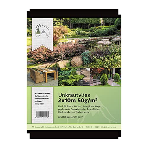 TTL Garden 20 m² - Fieltro de malezas, 50 g/m², 2 m x 10 m, muy permeable al agua, resistente a los rayos UV y transpirable, lámina de fieltro contra las malas hierbas, color negro Cover
