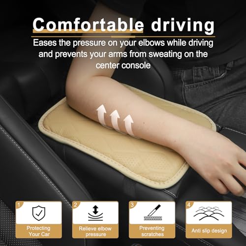 Image of Amiss Auto Center Console Pad, Universal Waterproof Car Armrest Seat Box Cover, Car Interior Accessories, Breathable Leather Auto Armrest Cover Protector for Most Vehicle, SUV, Truck, Car (Beige)