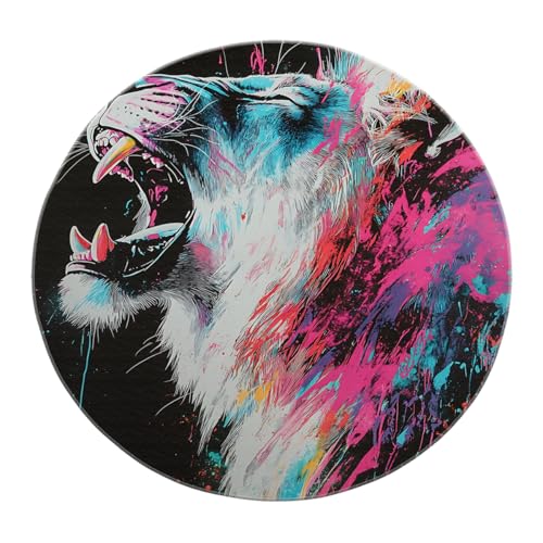 Tapis salon rond lion graffiti néon 160cm lavable et doux - 8