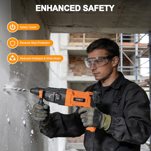 Image of 1 inch SDS-Plus Rotary Hammer Drill, 8 Amp 3.0J 4-Function Variable Speed | Hammer Drill with Safety Clutch & Reverse Stop, Concrete Demolition Tool Kit with Bits, Chisels & Case