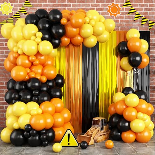 Image of Construction Balloon Garland Arch Kit Birthday Party Decorations Supplies, Yellow Orange Black Foil Fringe Curtains Backdrop Tinsel Streamer Photo Booth Props Truck Car Themed Party Decor
