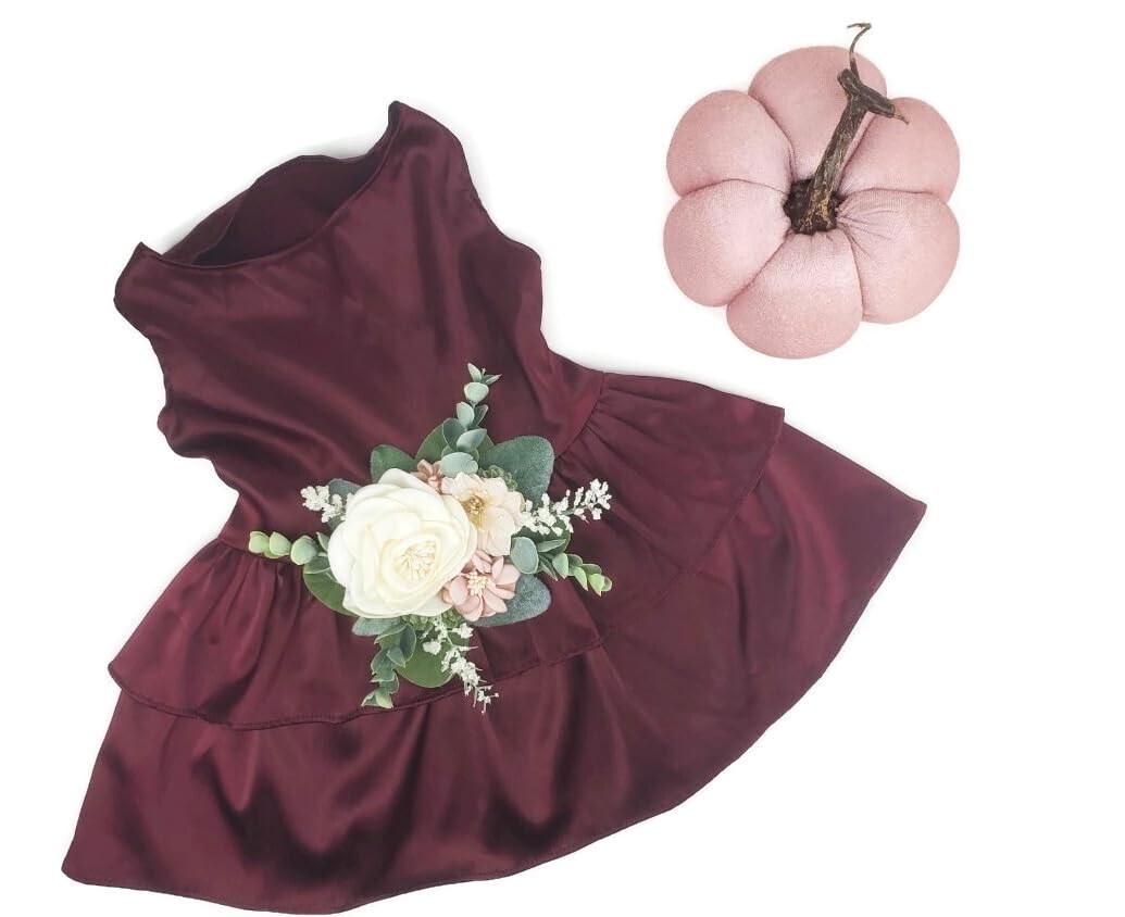 House of Furbaby Wedding Flower Dog Dress | The Rustica | Dog Wedding Dress | Satin Dog Dress (Wine, Small (7-10 lbs))