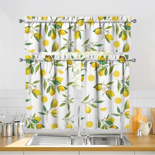Image of Lemon Kitchen Curtains 3 Piece Set Tier Valance Window Decor
