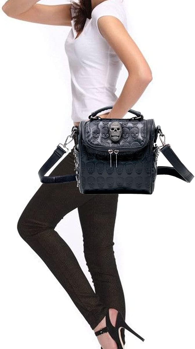 XingChen Women Studded Skull Gothic Crossbody Shoulder Bag Travel Leather Small Handbag Cellphone Purse