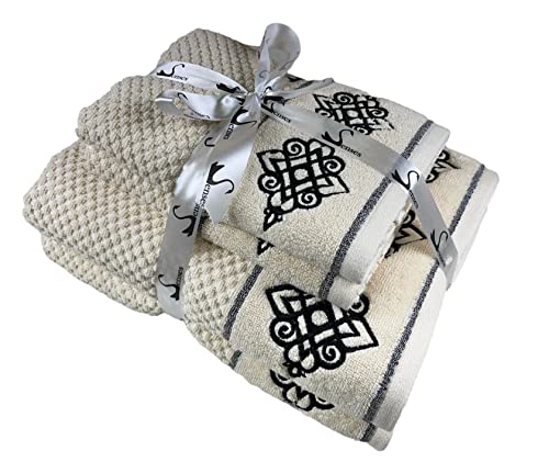 Image of SENSES By Riba Cotton Embroidered Towel Set, 550 GSM Soft & Absorbent, Antimicrobial, Oeko-Tex Certified | Ideal for Home & Gifting, Pack of 4 (2 Bath 27 inchX50 inch + 2 Hand Towels 16 inchX26 inch) - Style 3