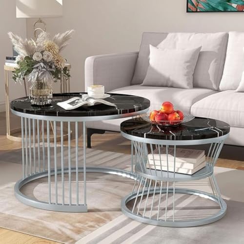 Image of The Round Coffee Table and The Stacking Tea Table with a Gold Metal Frame are Two Versatile Modern Center Tables That Look Great in Living Rooms (Grey Black)