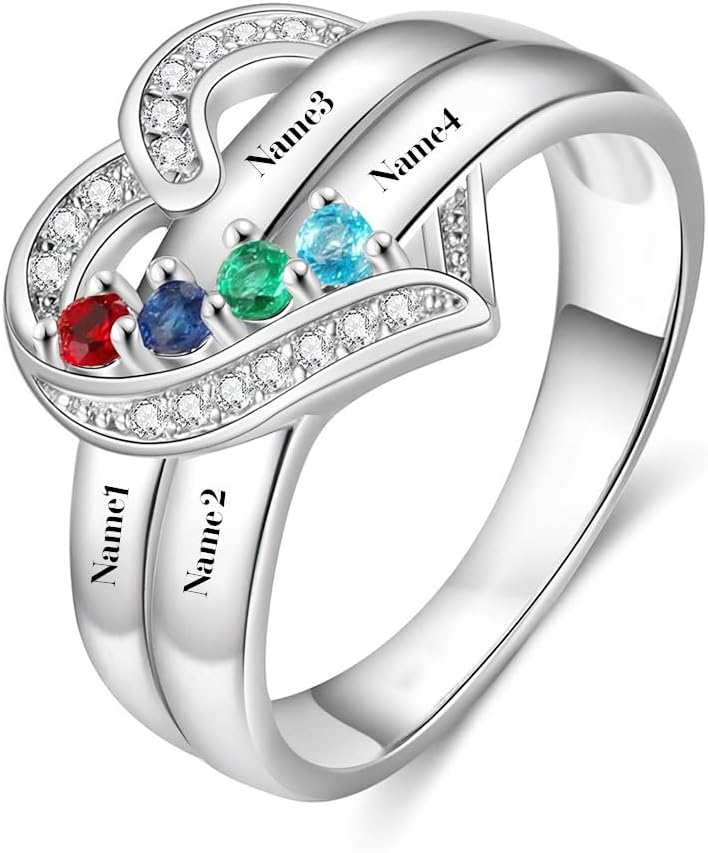 Personalized Natural Diamonds Mother Birthstone Ring with 1-8 Birthstones for Women Mom Wife,10K 14K 18K Solid Gold Custom Heart Mom Birthstones Ring Engraved Jewelry Gift for Mothers Day Birthday