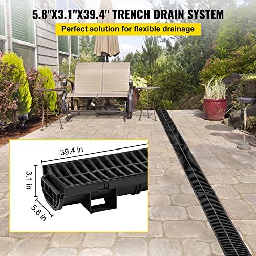 VEVOR Trench Drain System, Channel Drain with Plastic Grate, 5.8x3.1-Inch HDPE Drainage Trench, Black Plastic Garage Floor Drain, 6x39 Trench Drain Grate, with 6 End Caps, for Garden, Driveway-6 Pack by VEVOR - Image 2