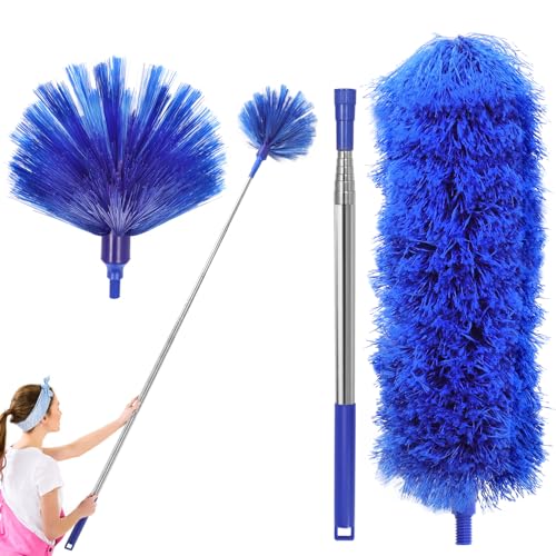 Image of Cobweb Duster with Extension Pole, Spider Web Brush and Washable Ceiling Duster Kit, 15-100 Inch Long High Rigidity Handle Aluminum Telescoping Pole for Ceiling Fan, Furniture, Ceiling Corner (Blue)
