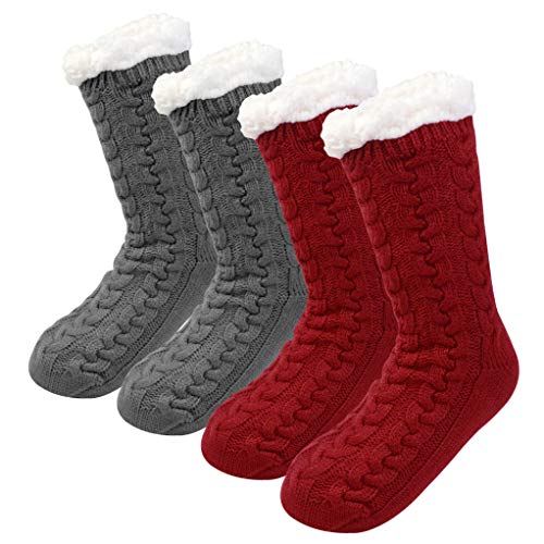 2 Pairs Women Warm Fuzzy Slipper Socks Winter Super Soft Fleece-Lined Stockings