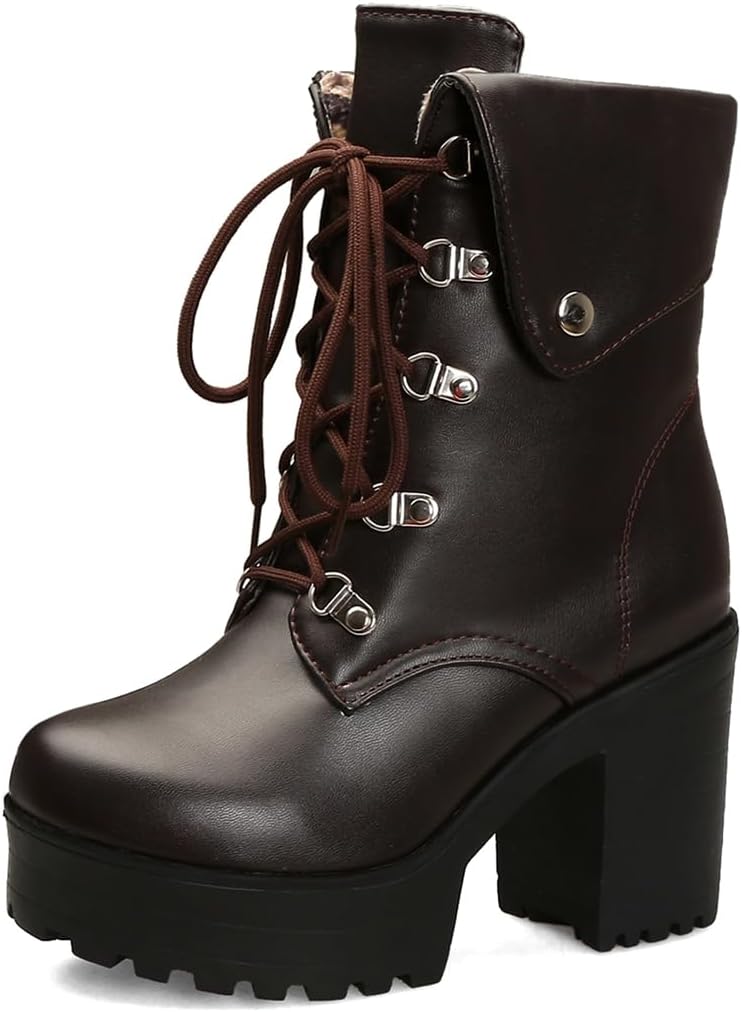 VOKLIN Women's Round Toe Platform Dressy Ankle Boots Lace Up Cuff Chunky Block High Heel Dress Short Booties