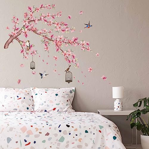 PinkEleph® Pink Magnolia Flower Wall Stickers, Cherry Blossom Floral Tree Branch Birds Wall Decals - Image 2